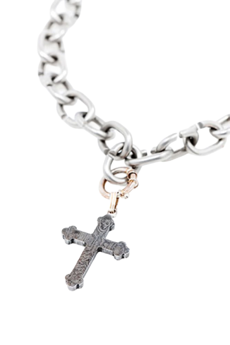Stahlkette -handmade- / Damast-Kreuz — Ketten