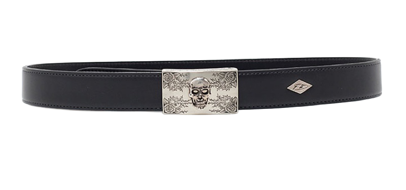 Koppelschloß Neusilber / Gravurarbeit Rosen und Dornen -handmade- / Totenkopf Silber 925/000 — Koppelgürtel
